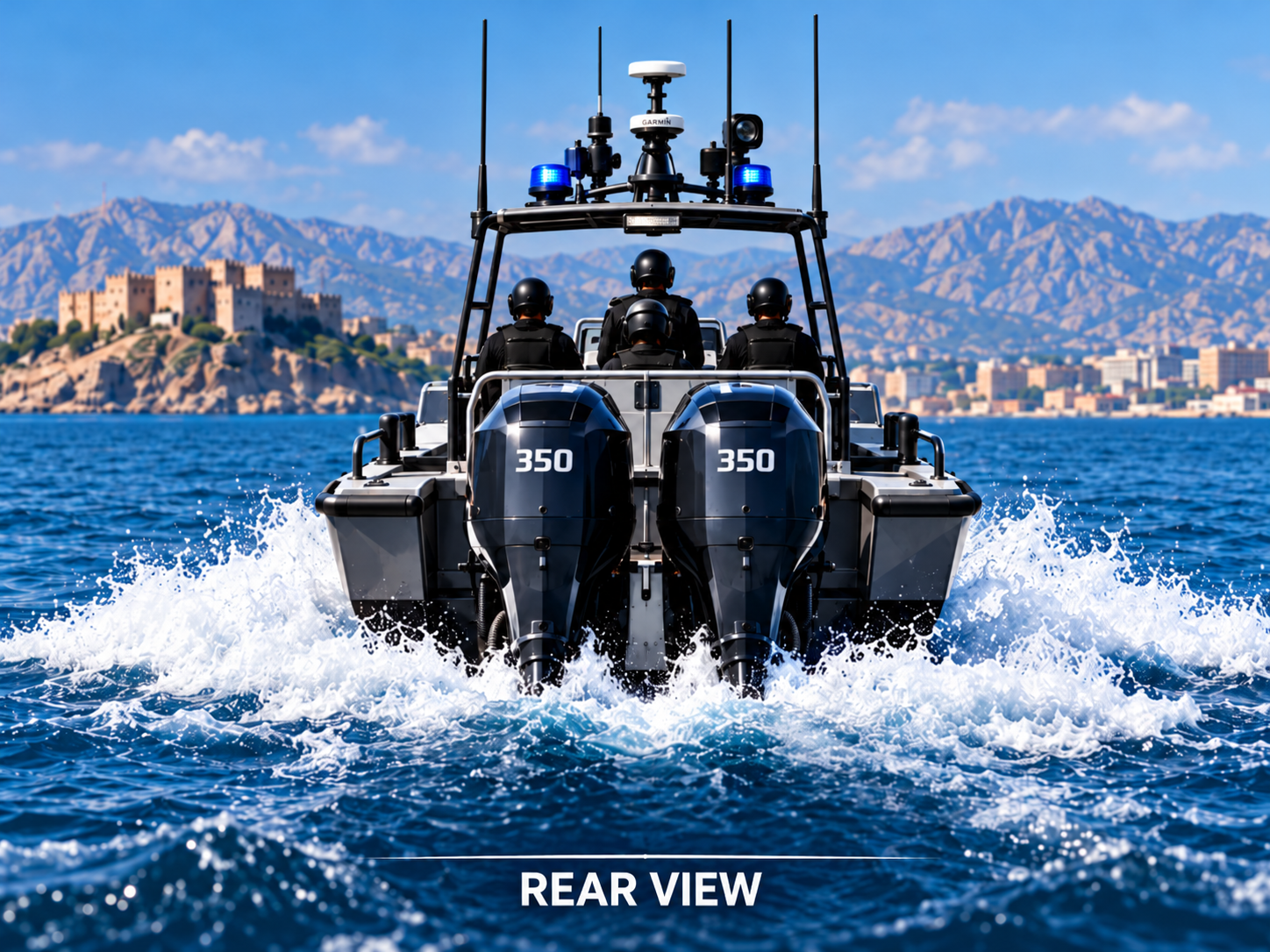 ALMIRSAD patrol boat with twin outboard engines, rear view